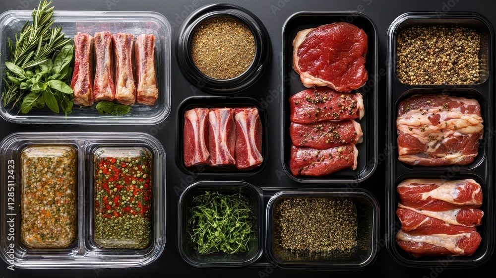 Assorted Fresh Meats and Herbs Arranged in Containers on a Dark Background for Culinary Use Assorted Fresh Meats and Herbs Arranged in Containers on a Dark Background for Culinary Use