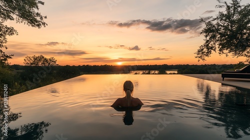 Wallpaper Mural Woman Relaxing in Infinity Pool at Sunset with Tropical Landscape View Torontodigital.ca