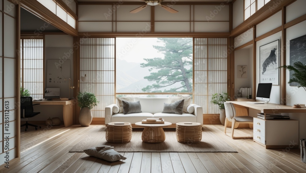Living room designed in Japanese style featuring workspace in light wood and white hues. Living room designed in Japanese style featuring workspace in light wood and white hues.