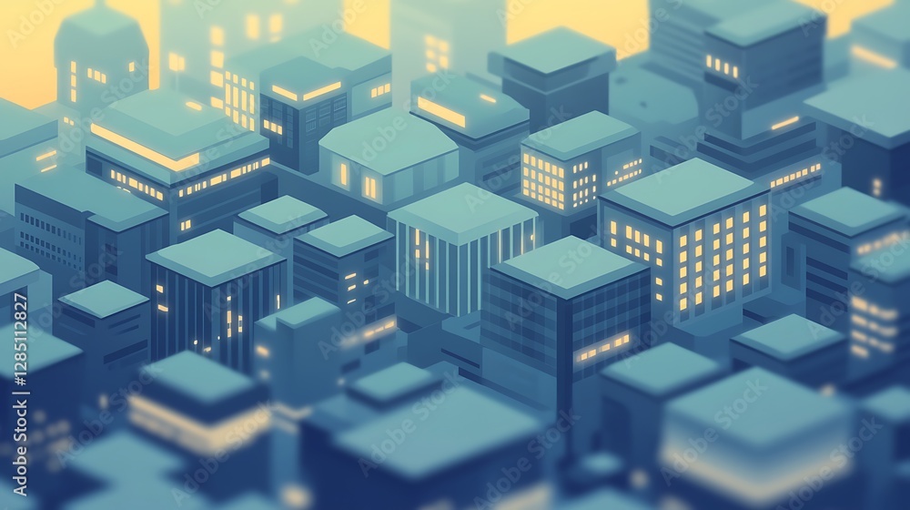Abstract cityscape illustration with geometric buildings and soft lighting. Abstract cityscape illustration with geometric buildings and soft lighting.
