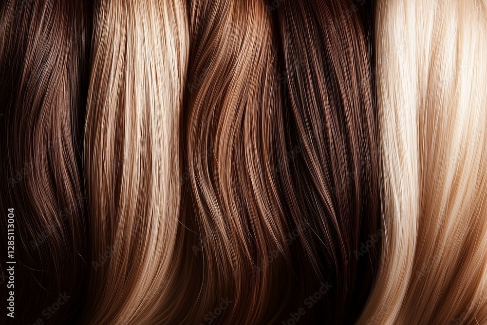A variety of hair colors ranging from dark brown to light blonde displayed in a row A variety of hair colors ranging from dark brown to light blonde displayed in a row