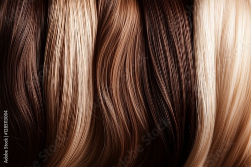 A variety of hair colors ranging from dark brown to light blonde displayed in a row
