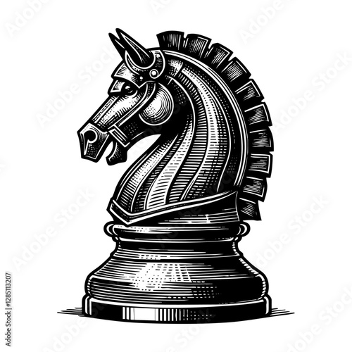 Chess knight sketch engraving black and white outline. Scratch board imitation.  illustrated in vintage line art style on a white background.
