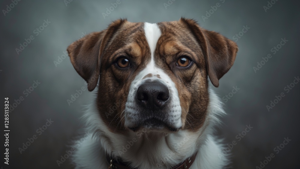 Portrait of a vigilant dog with brown eyes, a black nose, and white fur. Portrait of a vigilant dog with brown eyes, a black nose, and white fur.