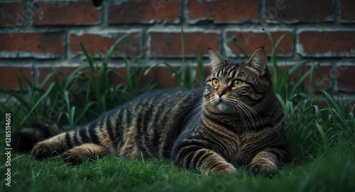 Laying in the grass is a sizable black and brown tabby cat with yellow eyes, gazing to the right in front of a brick wall. photo