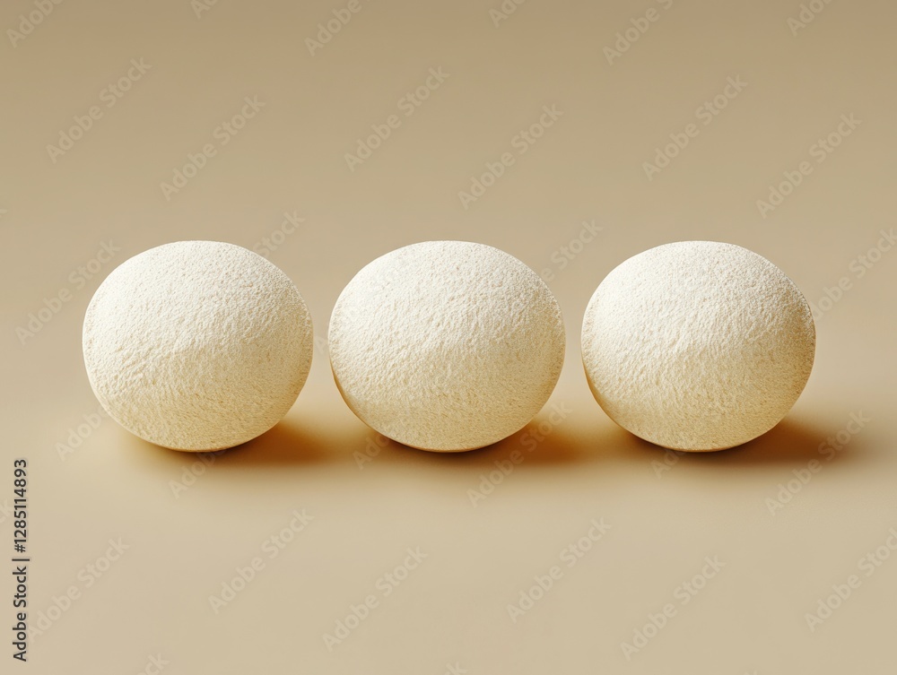 Three creamy textured spheres in a row on a beige background. Three creamy textured spheres in a row on a beige background.
