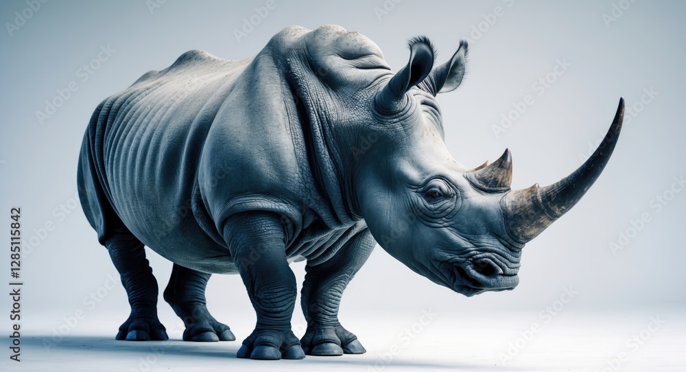 Fototapeta premium Rhinoceros portrait set against a plain white background