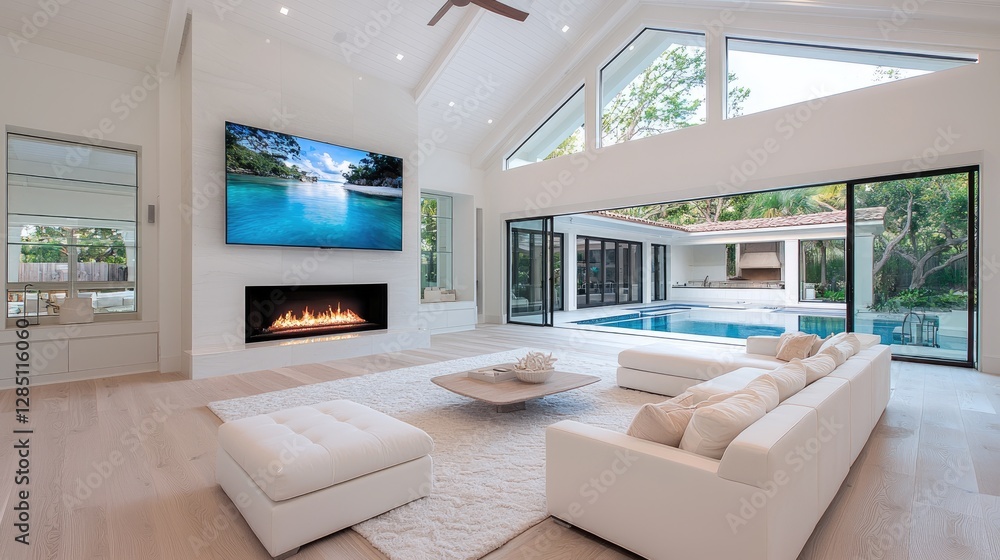 Fototapeta premium Modern Open-Plan Living Room with Pool View, Interior Design, Relaxing