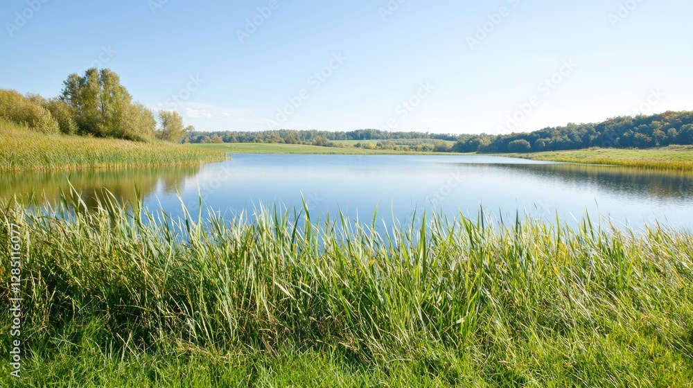 Calm lake, autumn foliage, peaceful countryside, scenic view, nature background Calm lake, autumn foliage, peaceful countryside, scenic view, nature background