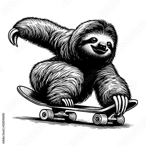 Sloth riding skateboard sketch engraving black and white outline. Scratch board imitation.
