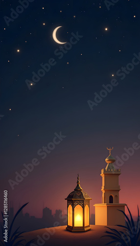 graphic background for ramadhan greeting - night mosque and moon