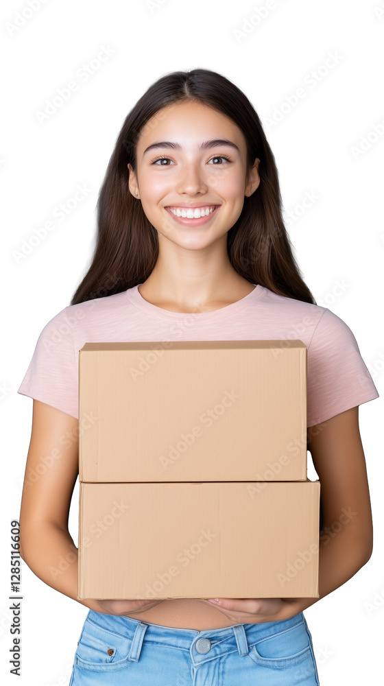 Smiling woman holding two cardboard boxes with transparent background Smiling woman holding two cardboard boxes with transparent background
