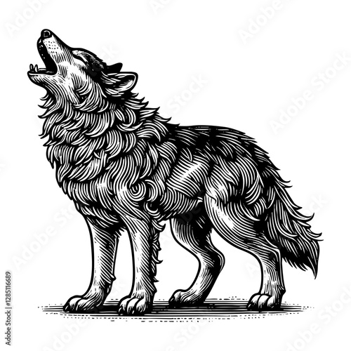 wolf howl sketch engraving black and white outline. Scratch board imitation.
