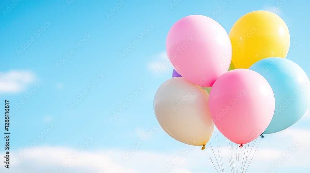 Pastel balloons float against a blue sky (2) Pastel balloons float against a blue sky (2)