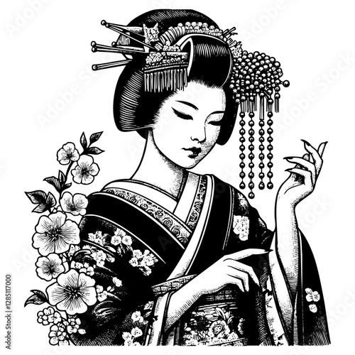 Geisha engraving black and white outline. Scratch board imitation.  illustrated in vintage line art style on a white background.
