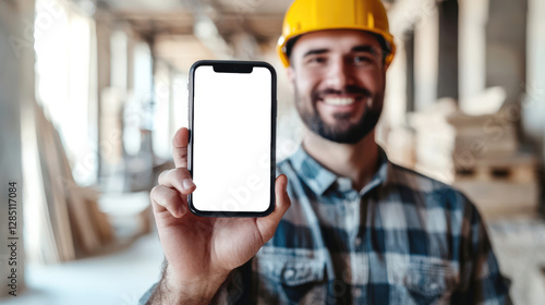 A repairman in a yellow construction helmet holds a cell phone in his hand with an empty screen against the background of a construction site. A phone mockup for the presentation of a website or app