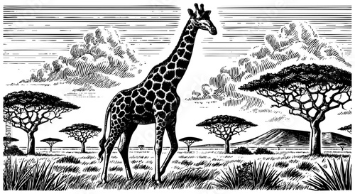 Giraffe walk on savanna sketch engraving black and white outline. Scratch board imitation.