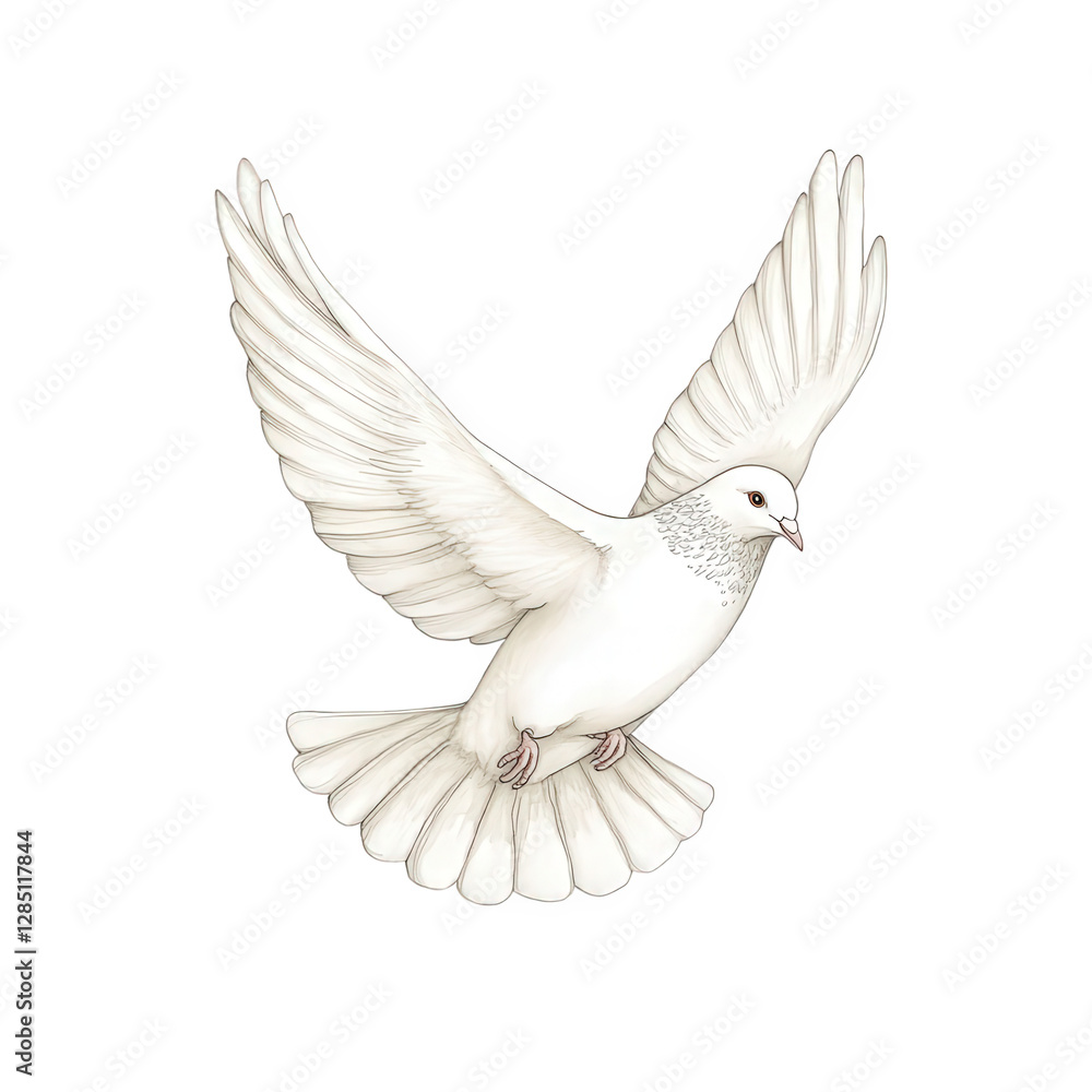 Fototapeta premium A finely crafted illustration of a single white dove in a gentle gliding motion, transparent background, PNG