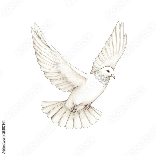 A finely crafted illustration of a single white dove in a gentle gliding motion, transparent background, PNG