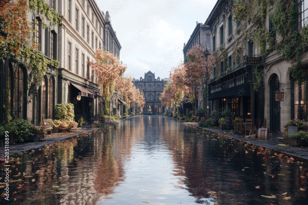 Fototapeta premium A street with a river running through it and a few trees