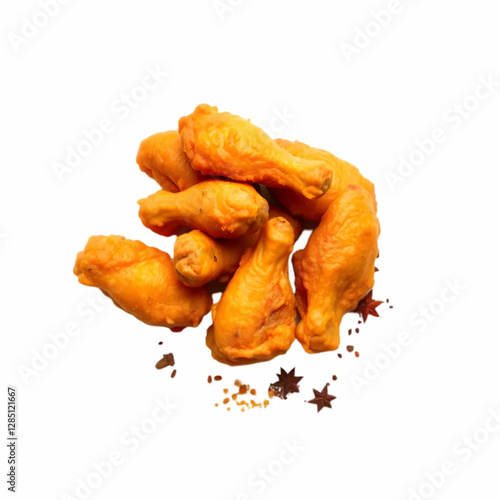 a pile of fried chicken wings and some spices isolated on the white background