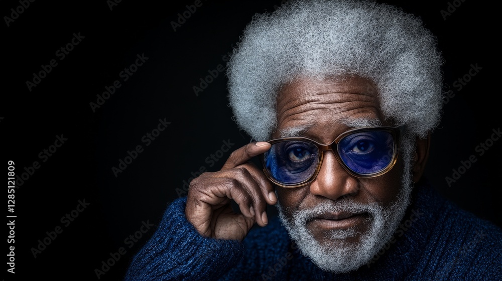 Elderly Man with Stylish Glasses and Gray Hair in Dark Background Elderly Man with Stylish Glasses and Gray Hair in Dark Background
