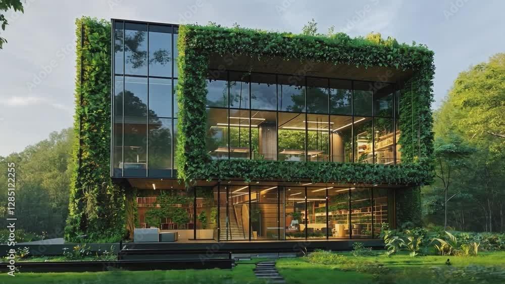 Eco-Friendly Architecture: A modern, eco-friendly house with a green facade, blending seamlessly with its lush surroundings. The large windows offer views of the natural beauty around. Eco-Friendly Architecture: A modern, eco-friendly house with a green facade, blending seamlessly with its lush surroundings. The large windows offer views of the natural beauty around.