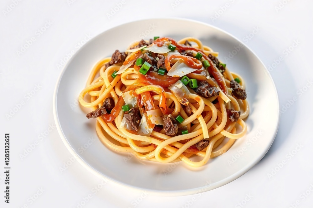 delicious pasta dish with cheese, peppers, and herbs on white plate delicious pasta dish with cheese, peppers, and herbs on white plate