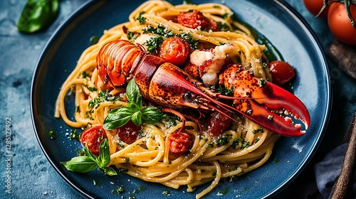 Delicious spaghetti with lobster and cherry tomatoes garnished with fresh basil on a blue plate : Generative AI photo