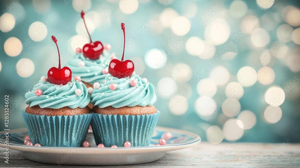 Delightful Trio: Three Blue Cupcakes Topped with Cherries Delightful Trio: Three Blue Cupcakes Topped with Cherries