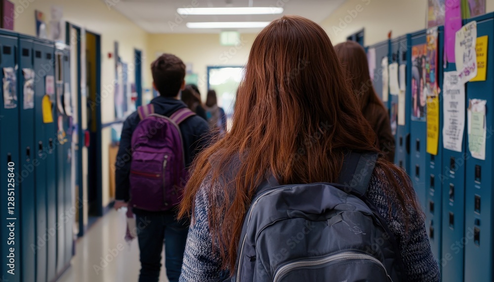 Students Walking in School Hallway with Lockers and Backpacks Students Walking in School Hallway with Lockers and Backpacks