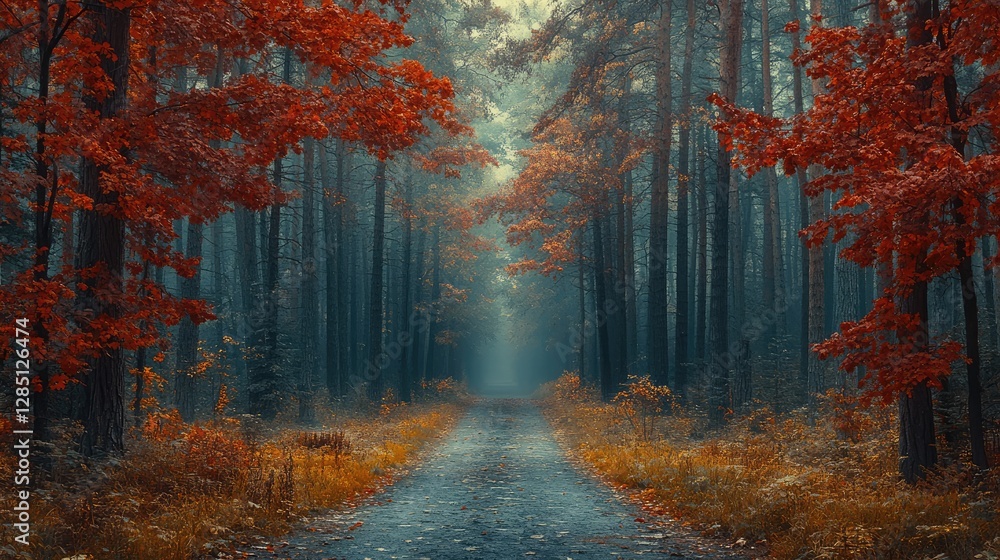Fototapeta premium Serene autumn landscape featuring towering redwoods and a smooth road cutting through the forest