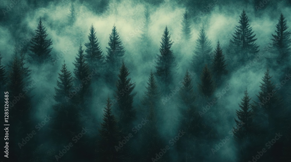 Dense forest shrouded in mist with smoke drifting through the trees, serene morning scene Dense forest shrouded in mist with smoke drifting through the trees, serene morning scene