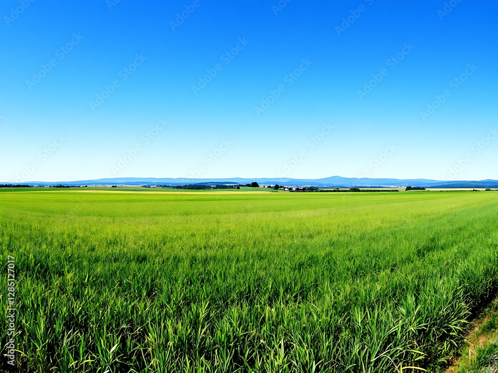 Obraz premium Expansive Green Field Beneath a Bright Blue Sky on a Sunny Day in the Countryside Landscape View