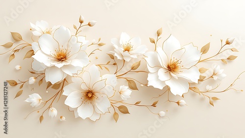 Floral Arrangement Featuring White Blossoms and Golden Accents Graceful Botanical Art Illustration