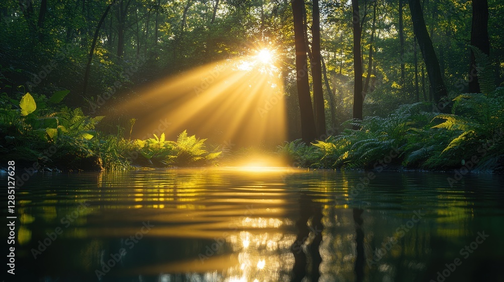 Obraz premium Tranquil forest scene with sun rays filtering through water, surrounded by lush greenery