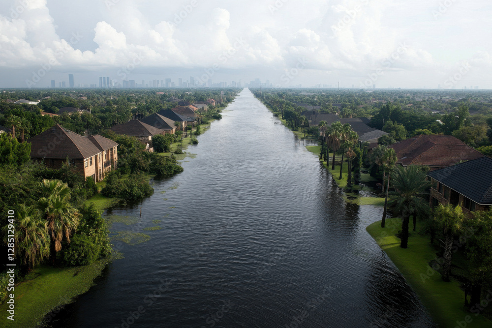 Fototapeta premium A long street with houses on both sides of a river