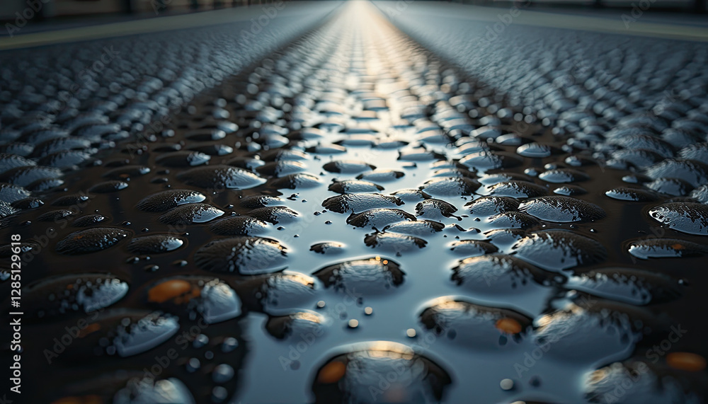 Fototapeta premium Wet grainy asphalt road macro, reflecting light, suitable for design, backgrounds, overlays, and presentations.