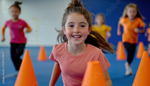 Happy Girl Running Through Cones in Gym Class Activity
