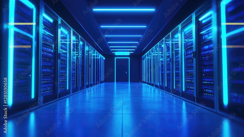 A futuristic data center with illuminated server racks and vibrant blue LED lighting, symbolizing cloud computing and cybersecurity. Ideal for technology and IT infrastructure concepts A futuristic data center with illuminated server racks and vibrant blue LED lighting, symbolizing cloud computing and cybersecurity. Ideal for technology and IT infrastructure concepts