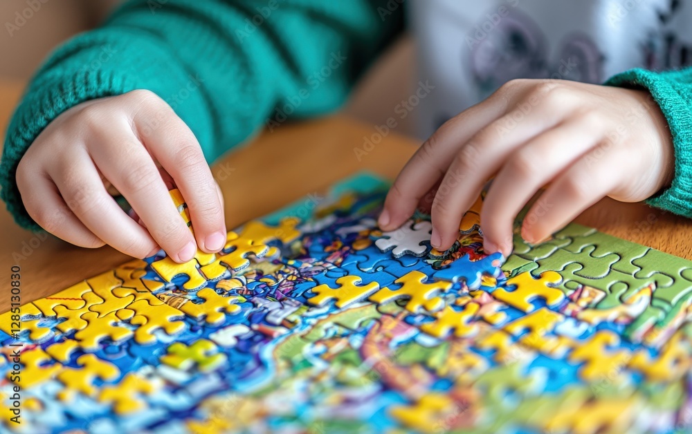 Child Engaged in Colorful Puzzle Play on Wooden Table Surface Child Engaged in Colorful Puzzle Play on Wooden Table Surface