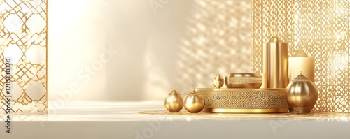 Golden islamic decorative objects placed on a light colored surface