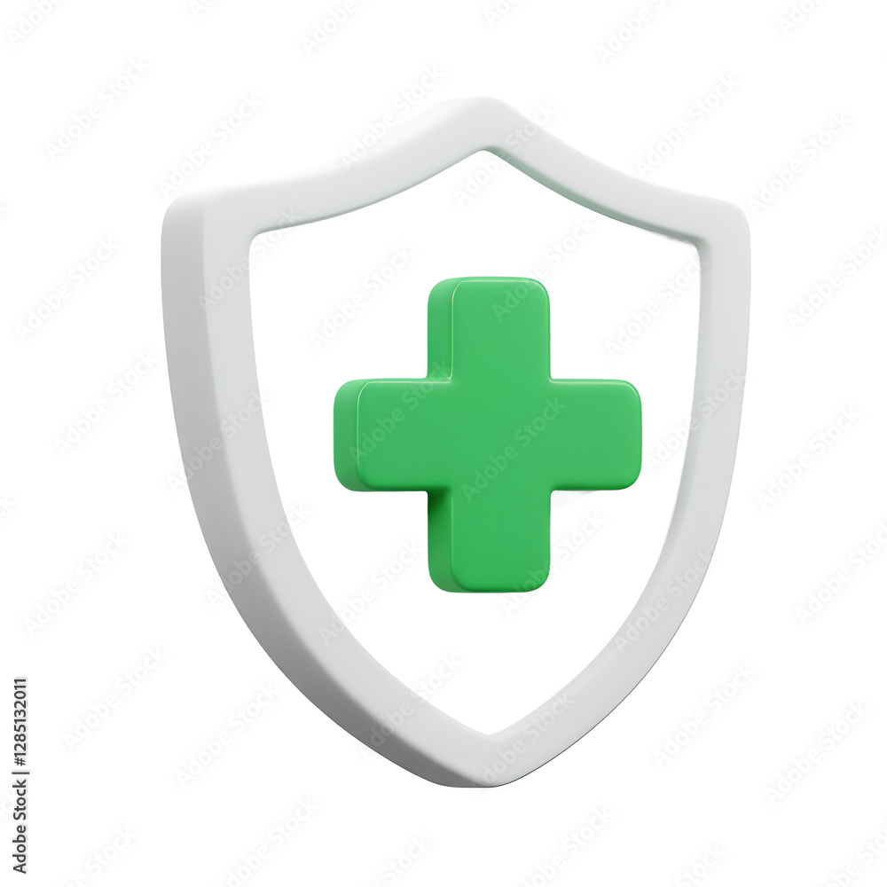 Fototapeta premium Shield Icon with Green Plus Sign 3D Render White Background