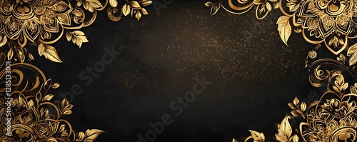 Intricate gold floral designs frame a textured dark background
