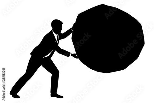 Business man pushing large stone silhouette