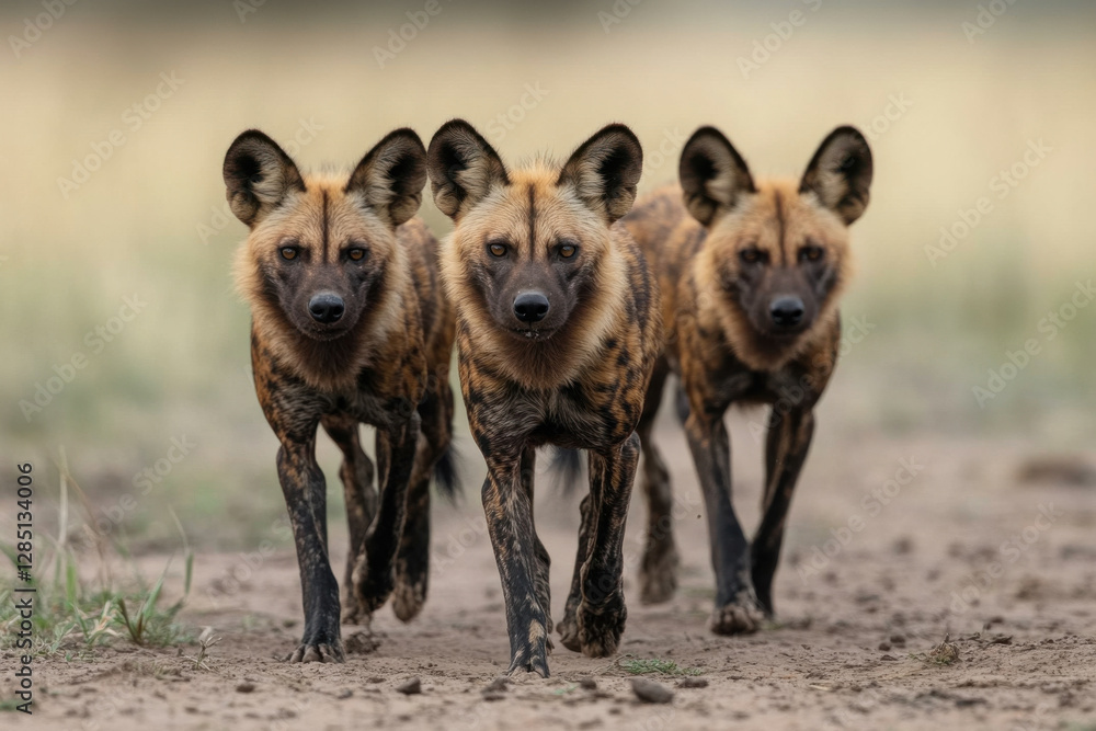Fototapeta premium Three hyenas walking in the dirt