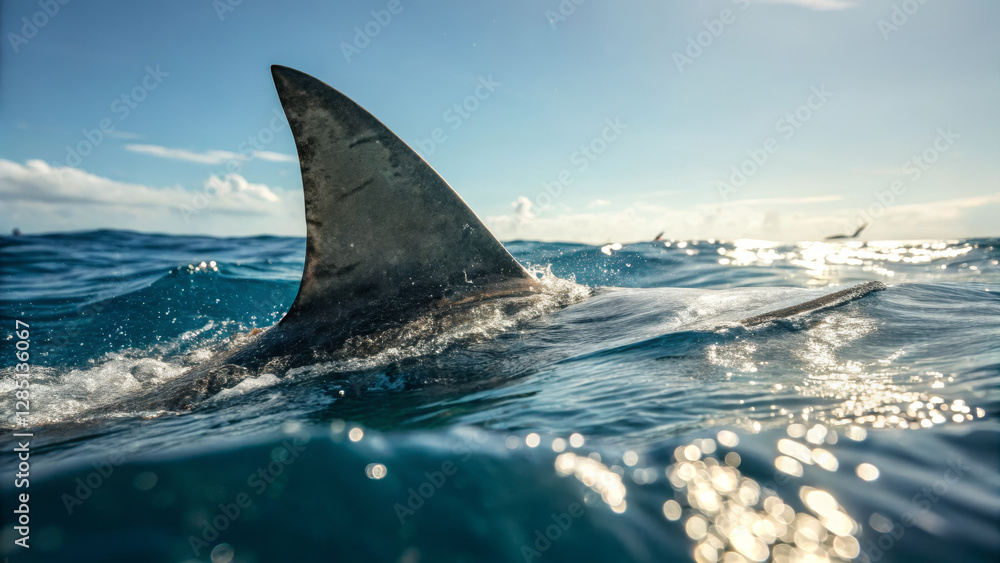 Fototapeta premium Shark fin emerging from ocean waves under bright sunlight