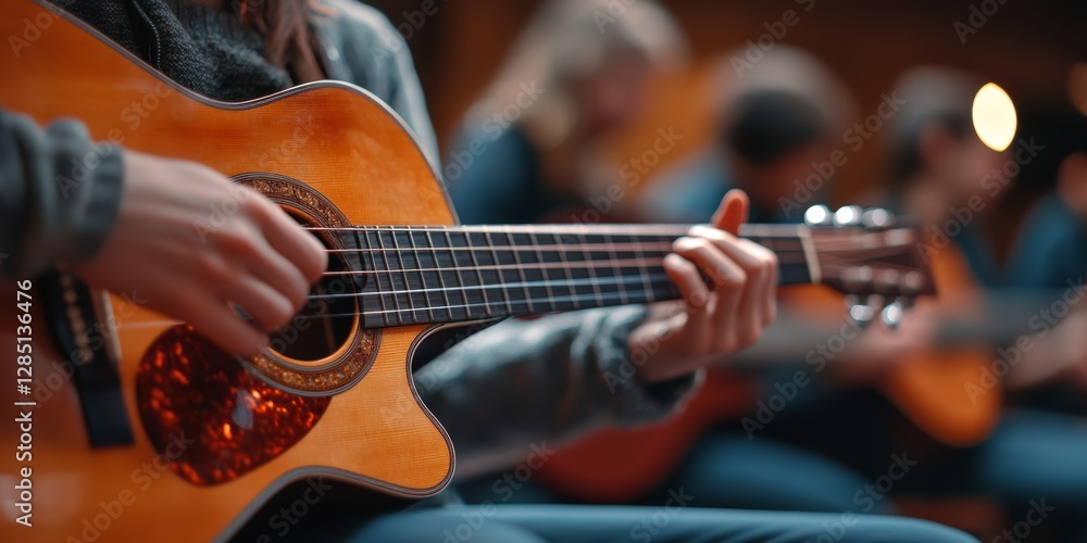 Fototapeta premium Musician playing acoustic guitar during lesson in class with teacher