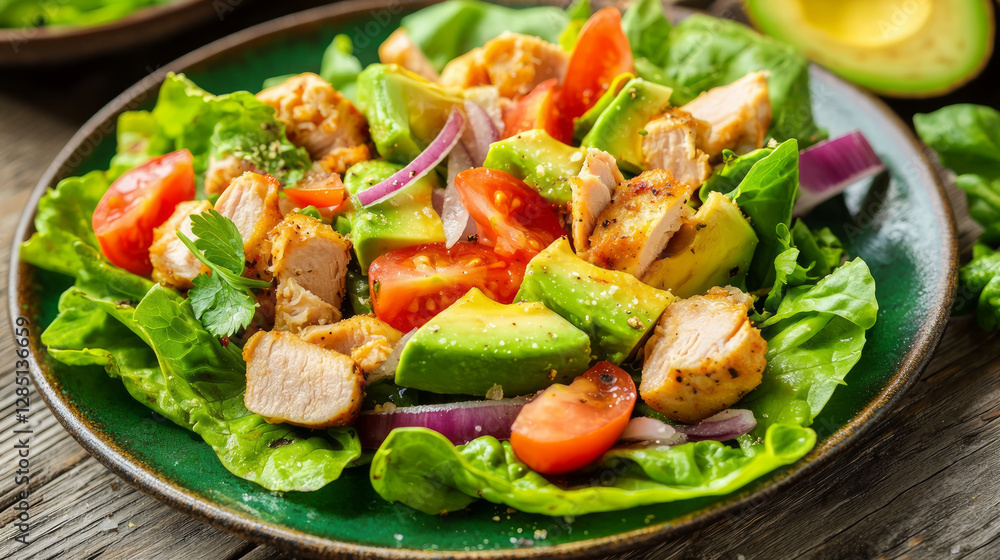 The turkey and avocado lettuce wrap, showcasing its vibrant green color from the avocados, fresh red tomatoes, crisp red onion slices, and marinated chicken, generative AI The turkey and avocado lettuce wrap, showcasing its vibrant green color from the avocados, fresh red tomatoes, crisp red onion slices, and marinated chicken, generative AI