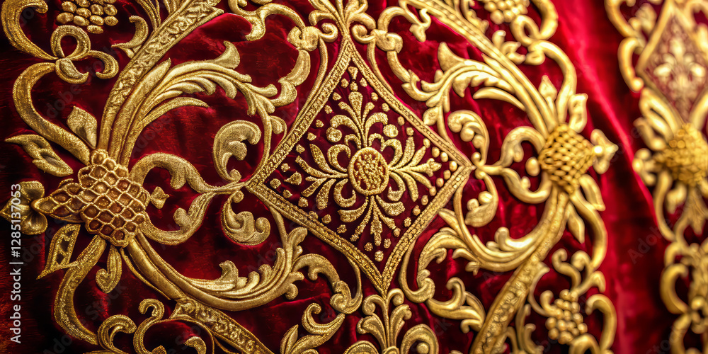 Intricate gold filigree pattern adorns crimson velvet fabric, creating elegance Intricate gold filigree pattern adorns crimson velvet fabric, creating elegance